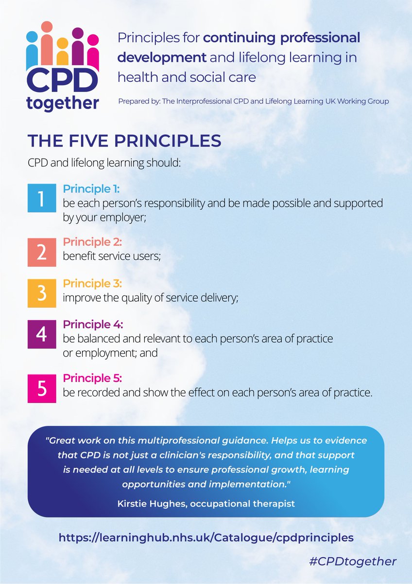 RCSLTLearn's tweet photo. Had a fantastic catch up of #CPDTogether organisations this week to continue our work to share and embed the Principles of CPD for health & social care.
Read the principles https://t.co/n7u58sTSRy and see how they relate to you as an individual, employer, or policy maker. https://t.co/iAw0uBp0WD