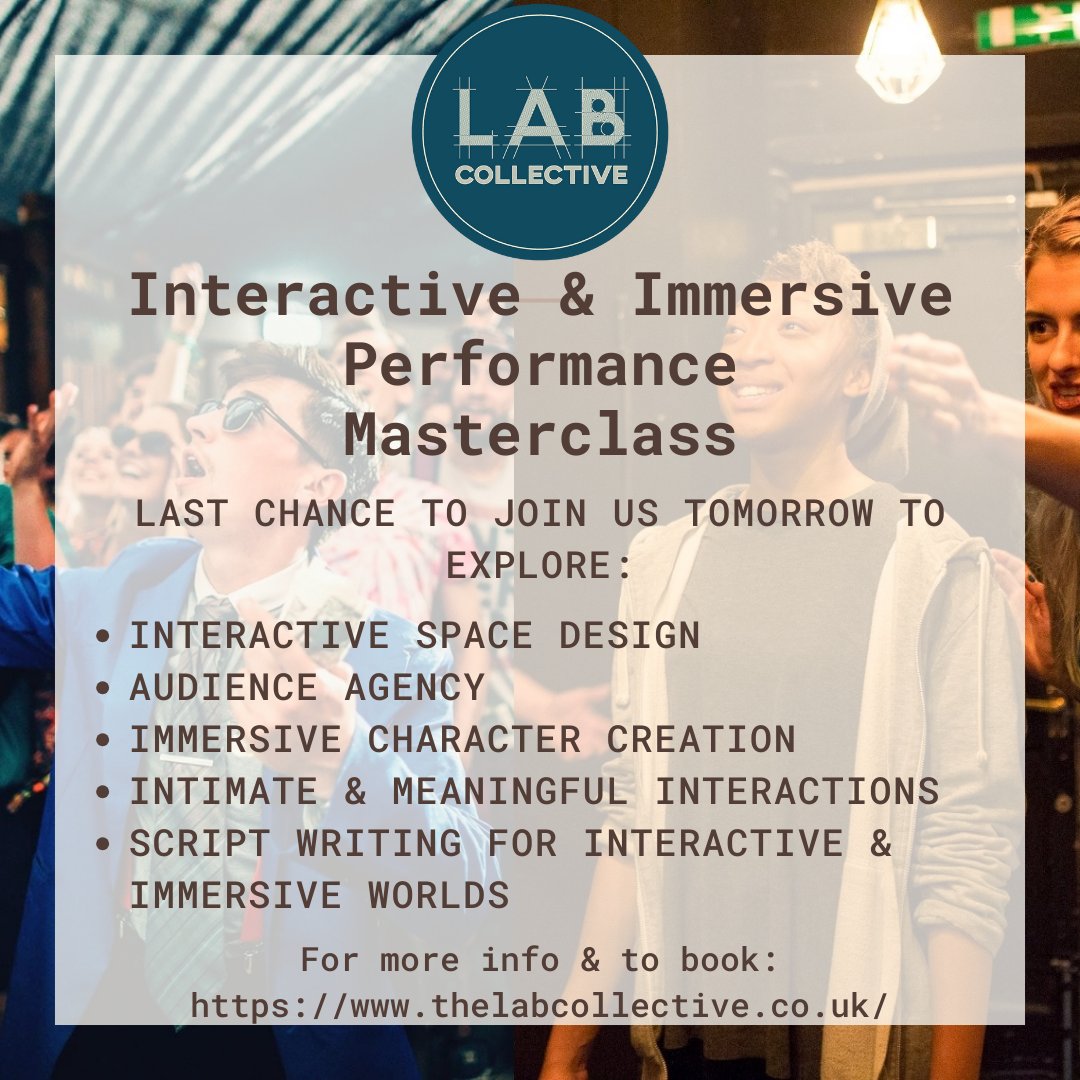 📢 This is TOMORROW! 📢
Book your place now, and join us in exploring #interactive & #immersive #performance!

🎟️tinyurl.com/ycvs2t42

#theatre #workshop #masterclass #theatreworkshop #actingmasterclass #actors #ActorsLife #actorskills #performer #director #theatremaker