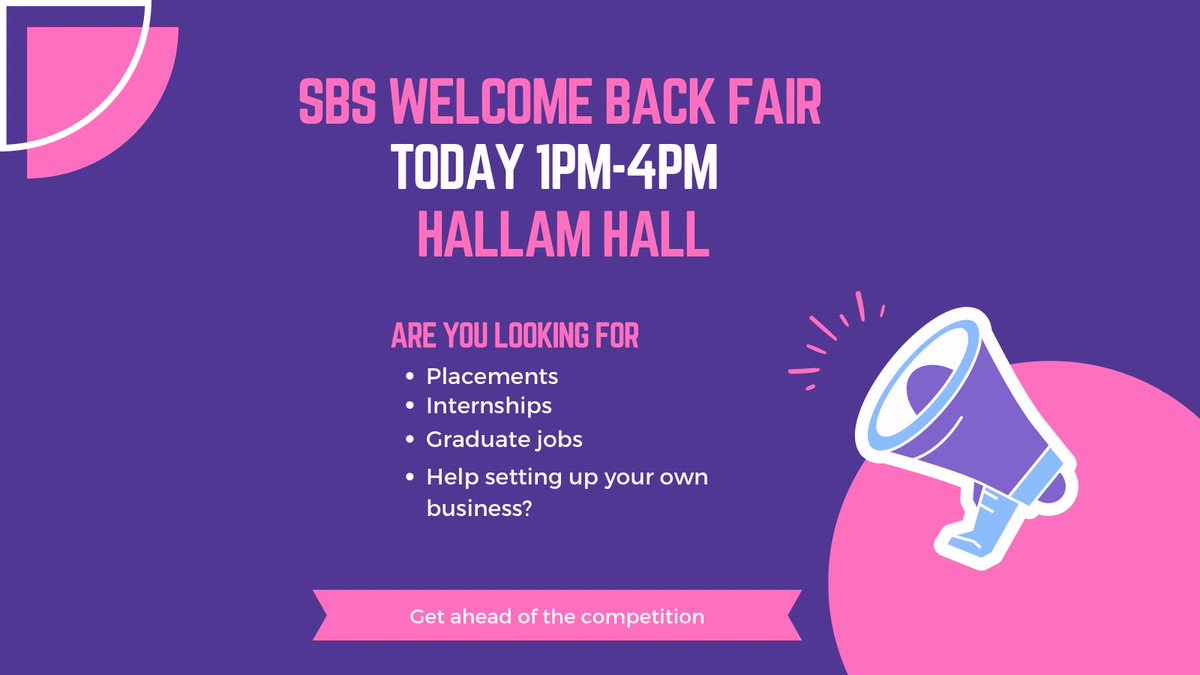 Are you looking for a placement, graduate job or advice on starting your own business? The Sheffield Business School welcome back fair has lots of support &amp; employers for you to speak to! 

1pm-4pm today in Hallam Hall! 

#sheffieldhallam #sheffieldbusinessschool #employabilty