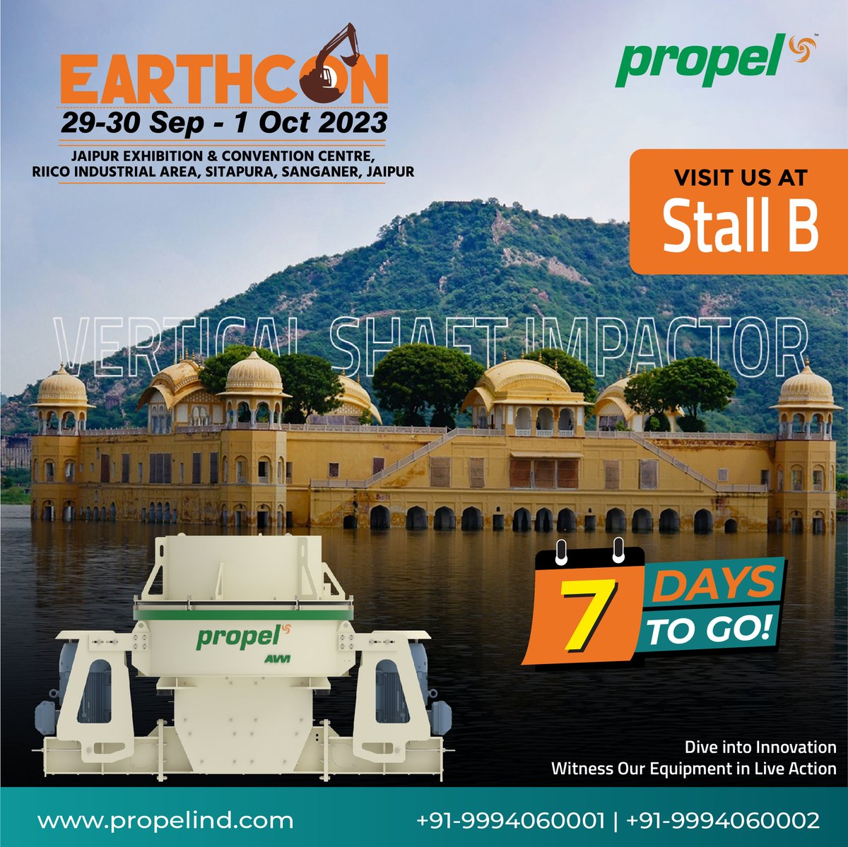 propelind's tweet photo. 7 days to go to Earthcon Expo!
Please save the date and join us at #EARTHCON 2023, scheduled from 29th, 30th September to October 1st, 2023, at Jaipur Exhibition and Convention Centre in #Jaipur, #Rajasthan, India.
Our Stall No: B ( Outdoor )
#Propelind #propelindustries https://t.co/7r2wCoiikp