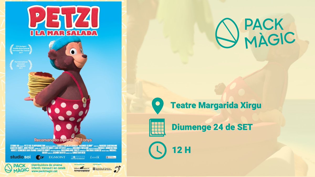 🎥Aquest diumenge comença el cicle de cinema infantil #PackMàgic amb ➡️'Petzi i la mar salada'

L’osset Petzi i els seus amics s'embarquen en una aventura que els portarà a conèixer el món🐻

🗓️Diumenge 24 de setembre
⏰12h
📍 Teatre Margarida Xirgu

🎟️rb.gy/rstur