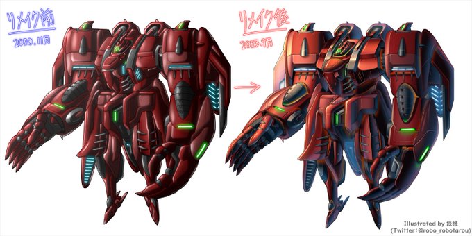 ためしに約3年前に描いたオリロボを塗り直してみた～!今回は線画をほとんど描き直していないにもかかわらず、メカ塗りを変えるとこれだけ印象が変わる…!#オリロボ #オリメカ 
