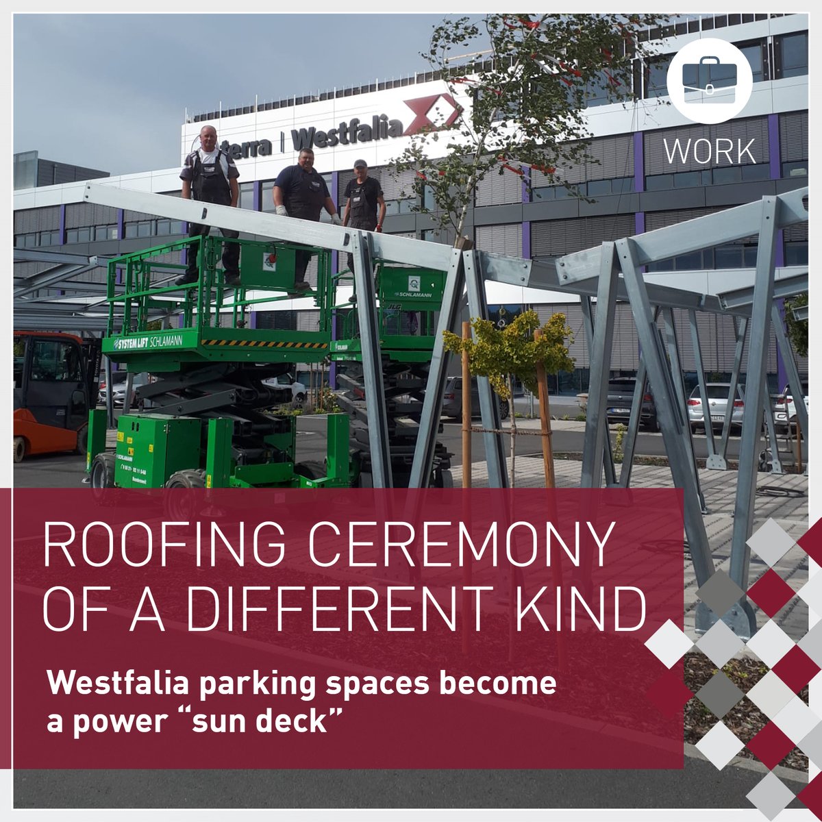 A roofing ceremony of a different kind. Yesterday our Westfalia installers completed the construction of our  partially covered parking spaces. Great job, team! Solar power next. #photovoltaics #emobility #sustainable #technologies #renewable #energy #solarenergy #storage