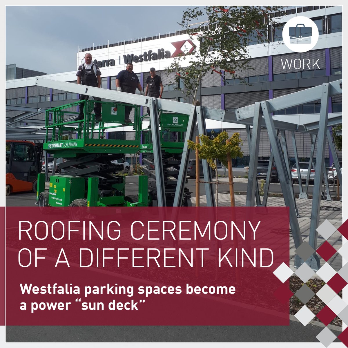 A roofing ceremony of a different kind. Yesterday our Westfalia installers completed the construction of our partially covered parking spaces. Great job, team! Solar power next. #photovoltaics #emobility #sustainable #technologies #renewable #energy #solarenergy #storage