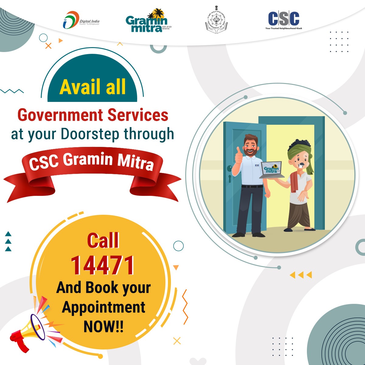 CSCegov_'s tweet photo. Great News for all Goa Citizens!!

Avail all Government Services at your Doorstep through CSC Gramin Mitra.

Call 14471 &amp; Book your Appointment NOW!!

Read the full story on the #CSC e-Magazine: https://t.co/zaCQ8jhTRZ

#CSC #DigitalIndia #CSCGraminMitra #CSCGoa #DoorstepService https://t.co/IRXZSfSFnI