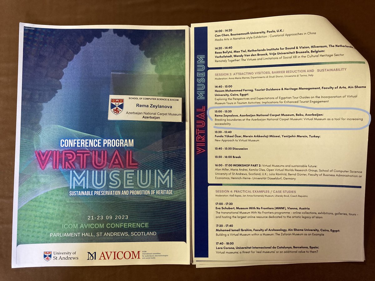 📢 Excited to deliver a paper about the Virtual Museum project of <a href="/AzCarpetMuseum/">Azerbaijan National Carpet Museum</a> at <a href="/FaimpAvicom/">AVICOM</a>  Annual conference in St. Andrews! #VirtualMuseum
#ICOM #AVICOMConference #CarpetMuseum