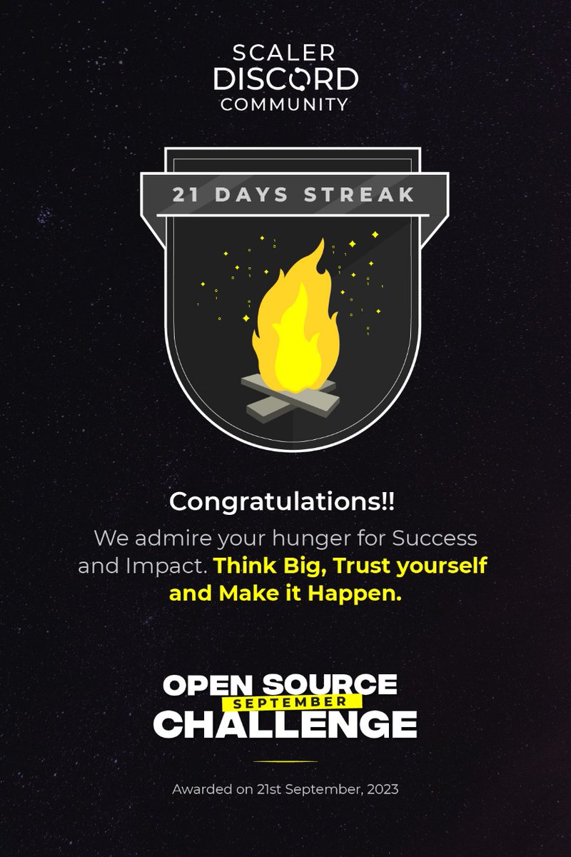 umang_dalvadi's tweet image. I have completed #21Days streak of #OpenSourceSeptemberChallenge with @scaler_official Community

This helps me stay consistent with coding
You can join community HERE - bit.ly/discord-l 

#OpenSourceSep #ScalerDiscord