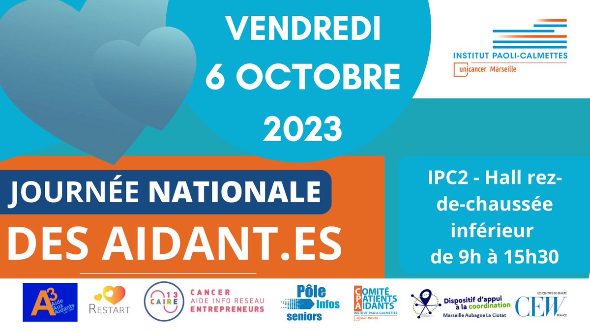💙 [SAVE THE DATE J-15] - Journée nationale des aidant-es 💙
Comme chaque année, le vendredi 6 octobre 2023 se tiendra la journée nationale des aidant.es à l’Institut Paoli-Calmettes 
📍RDV à IPC2 – Hall rez-de-chaussée inférieur, de 9h à 15h30