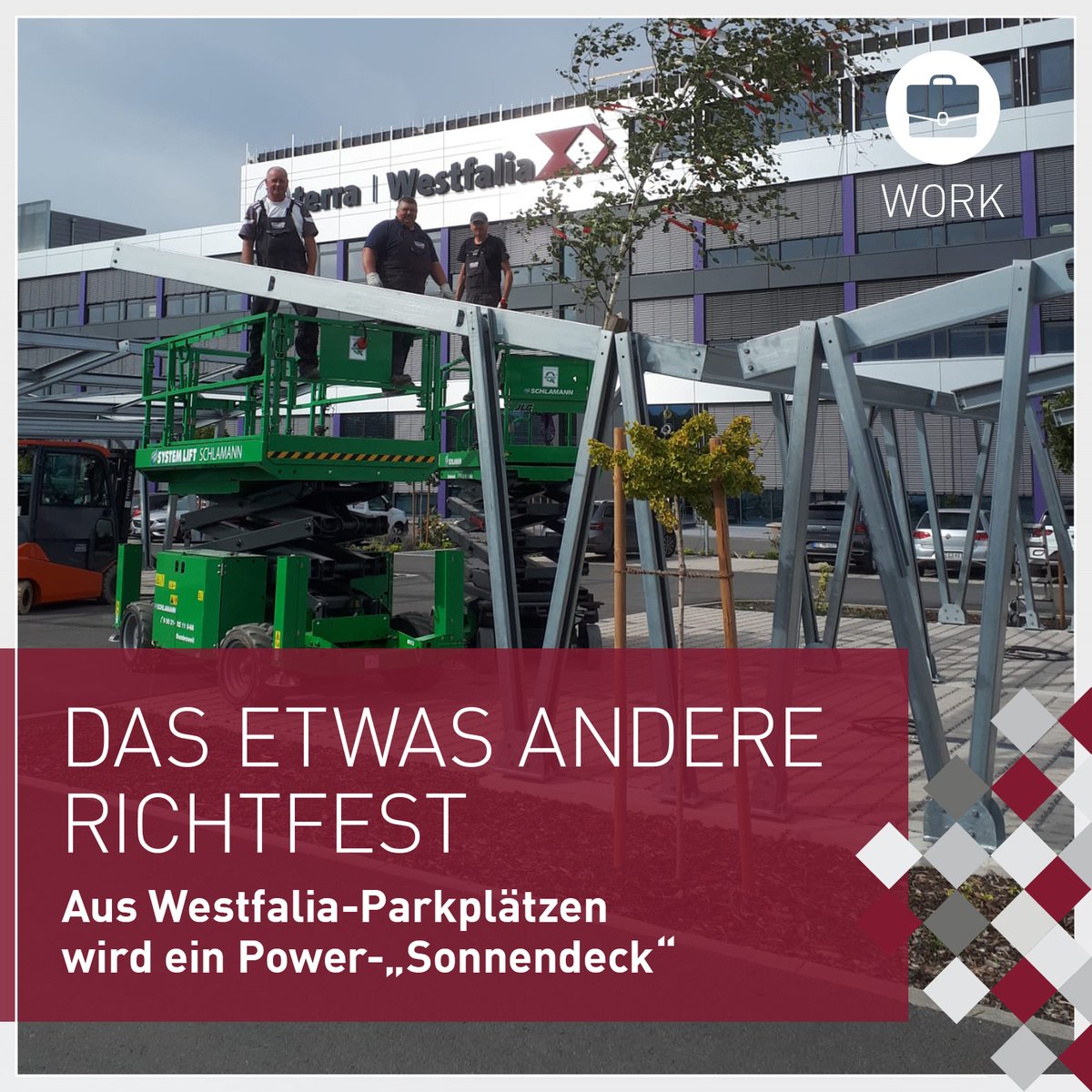 Richtfest der etwas anderen Art. Unsere Westfalia-Installers haben gestern die Konstruktion für unsere teils  überdachten Parkplätze abgeschlossen. Top-Job, Team! Solar-Power next. #Photovoltaik #EMobilität #Nachhaltig #Technologies #Erneuerbare #Energie #Solarenergie #Lager
