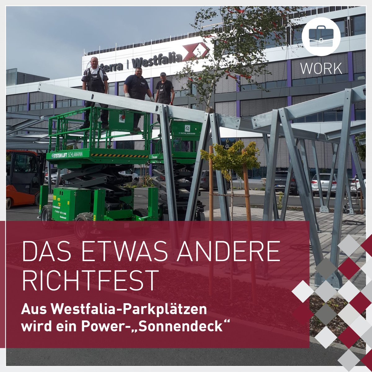 Richtfest der etwas anderen Art. Unsere Westfalia-Installers haben gestern die Konstruktion für unsere teils überdachten Parkplätze abgeschlossen. Top-Job, Team! Solar-Power next. #Photovoltaik #EMobilität #Nachhaltig #Technologies #Erneuerbare #Energie #Solarenergie #Lager