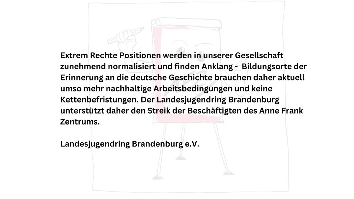 🔥2. Streiktag - läuft bei uns! 
📬Uns erreichen weitere Soli-Botschaften. Vielen Dank dafür - ihr stärkt uns den Rücken!😍
📢Die Kolleg*innen des Landesjugendring Brandenburg e.V. sehen es wie wir: Gute Arbeit braucht gute Arbeitsbedingungen. 👇