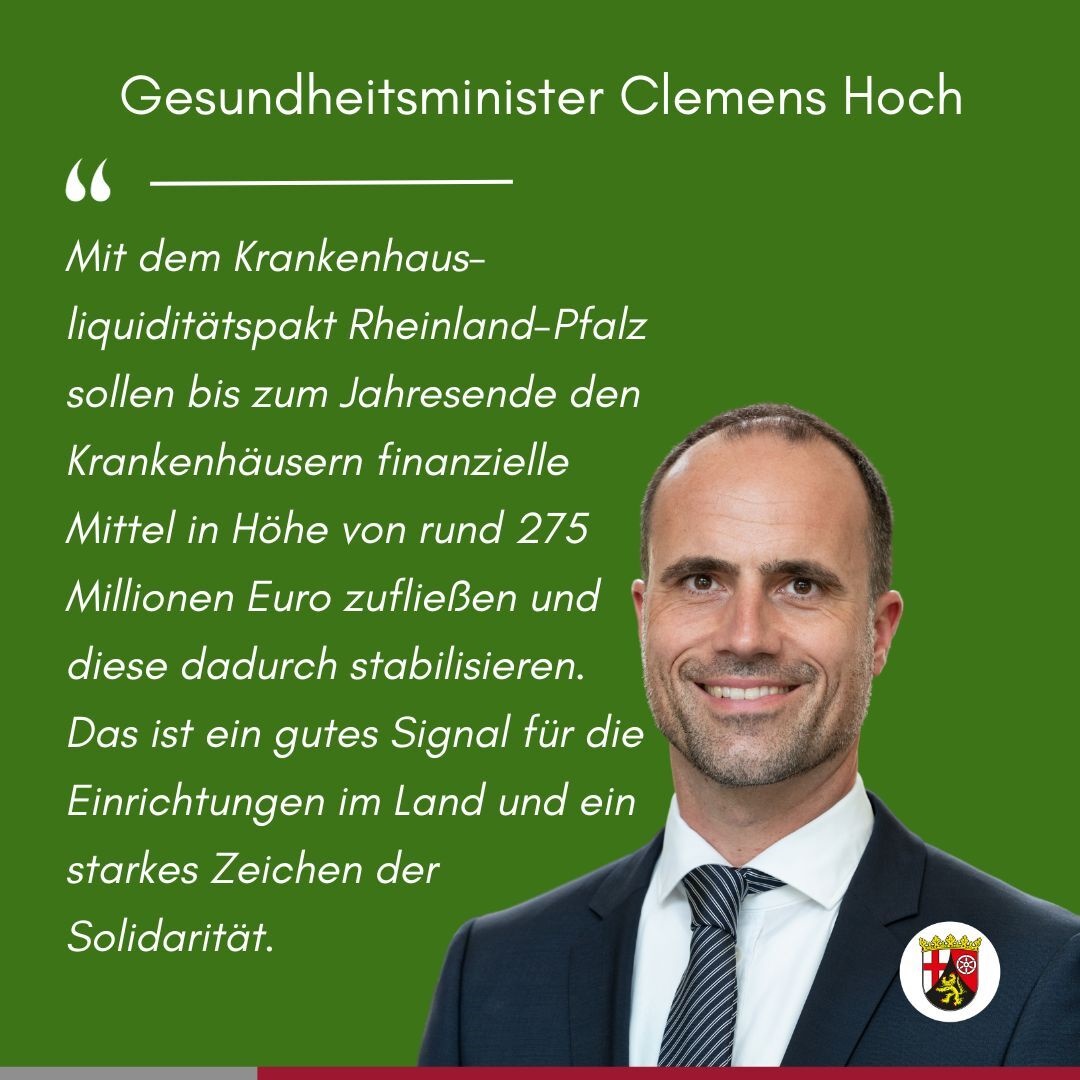 🏥 Das Land #RLP hat kurzfristig mit den Krankenkassen und deren Verbänden den Krankenhausliquiditätspakt Rheinland-Pfalz für die Krankenhäuser in RLP beschlossen. Damit sollen bis zum Jahresende den Krankenhäusern finanzielle Mittel in Höhe von rund 275 Millionen Euro zufließen.