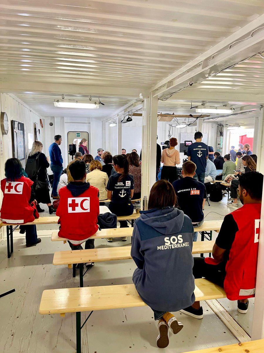 This morning in Marseille, @IFRC and @SOSMedIntl addressed media aboard our humanitarian rescue ship #OceanViking. The Mediterranean is as deadly as ever for people on the move. We call on all actors to dignify the lives of children, women and men survivors of rescues at sea.