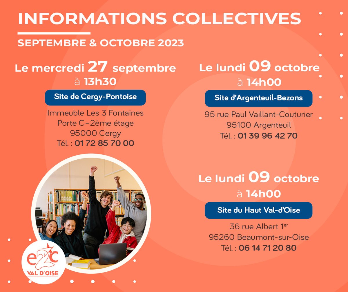 📣 #informationscollectives #E2C
Pour les jeunes de 16 - 25 ans, sans diplôme ou titulaires du baccalauréat ou de son équivalent (CAP, BEP ...), qui sont motivés à se former ou souhaitent être accompagnés pour trouver un emploi ☺️
👉🏻 Pré-inscription sur : hubdelareussite.com/formulaire-de-…