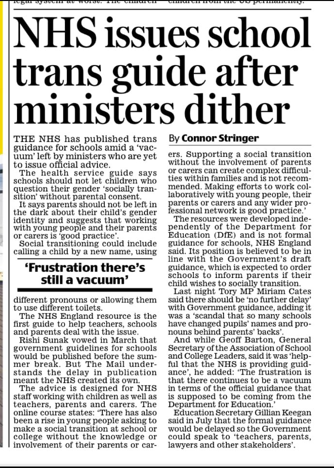 No child should be ‘socially transitioned’ by schools. But the NHS shouldn’t need to intervene on a matter that is clearly the responsibility of the Department for Education. Schools urgently need clear guidance from the Government. There can be no further delay. <a href="/MailOnline/">Mail Online</a>