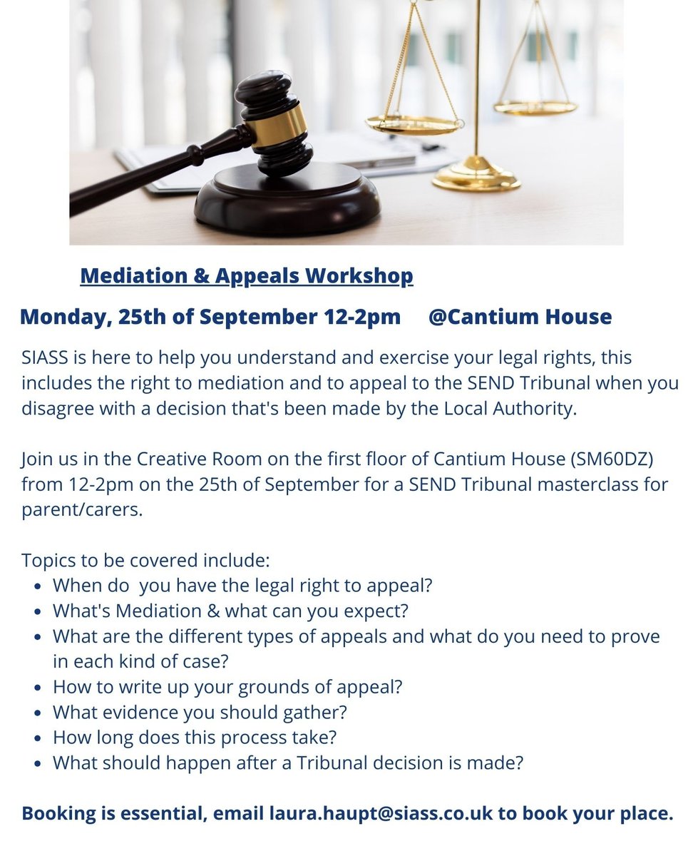 SIASS (@sutton_iass) on Twitter photo LAST CHANCE to book your space for our SEND Tribunal Masterclass for parent/carers. Email laura.haupt@siass.co.uk to reserve your free space! Workshop will be held in the Creative Room on the first floor of Cantium House (SM60DZ) from 12-2pm on the 25th of September LAST CHANCE to book your space for our SEND Tribunal Masterclass for parent/carers. Email laura.haupt@siass.co.uk to reserve your free space! Workshop will be held in the Creative Room on the first floor of Cantium House (SM60DZ) from 12-2pm on the 25th of September