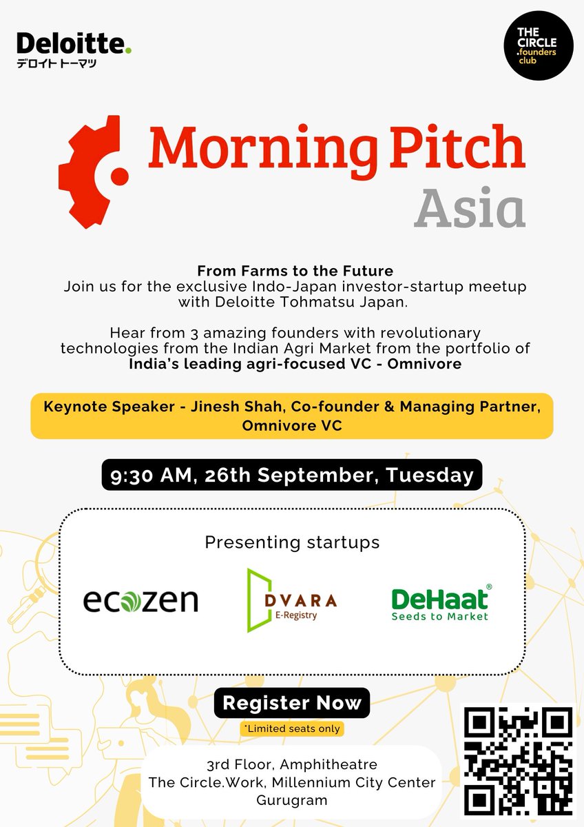 Join us for *Morning Pitch Asia* : Indo-Japan Investor-Startup Mixer, powered by The Circle FC &amp; Deloitte Tohmatsu Japan

📅 Date: 26th Sep (Tuesday)
🕤 Time: 9:30 AM
📍 Venue: The Circle.Work, 3rd Floor Amphitheatre, Millennium City Centre, Gurgaon.