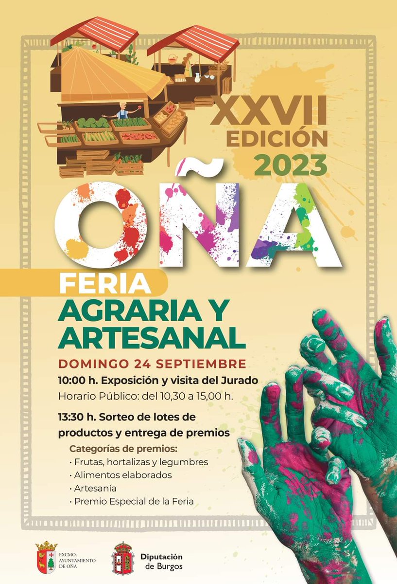 🚜 XXVII edición FERIA AGRARIA y ARTESANAL 🍯

📆 Domingo, 24 de septiembre 
🕗 De 10h a 14.30h
🧭 Oña

#Oña #Merindades #feriaagrariayartesanal