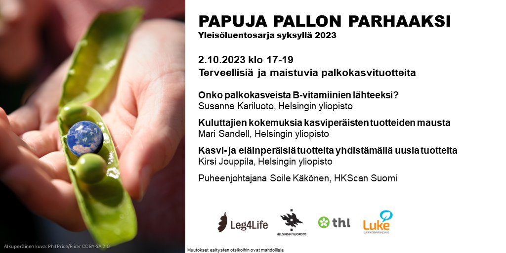 Ma 2.10. #PapujaPallonParhaaksi-yleisöluentosarjamme saa taas jatkoa, kun aiheena ovat terveelliset ja maistuvat palkokasvituotteet. Ilmoittaudu mukaan ja seuraa etäyhteydellä! leg4life.fi/papuja-pallon-… <a href="/helsinkiuni/">University of Helsinki</a> <a href="/THLorg/">THL</a> <a href="/LukeFinland/">Luonnonvarakeskus</a> <a href="/Akatemia_STN/">Strateginen tutkimus</a>