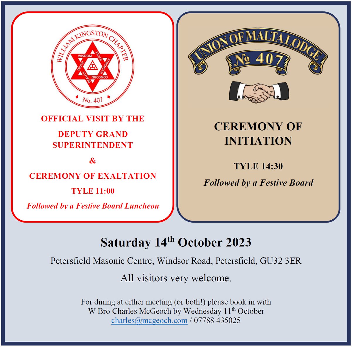 Join us at the next regular meeting of the lodge for a very special first degree as our Brother Secretary will be initiating his son into the fraternity! The meeting will be preceded by @WKChapter407 featuring an OV by the DGS and an Exaltation. <a href="/HantsMasonNE/">Hants Masons NE</a>