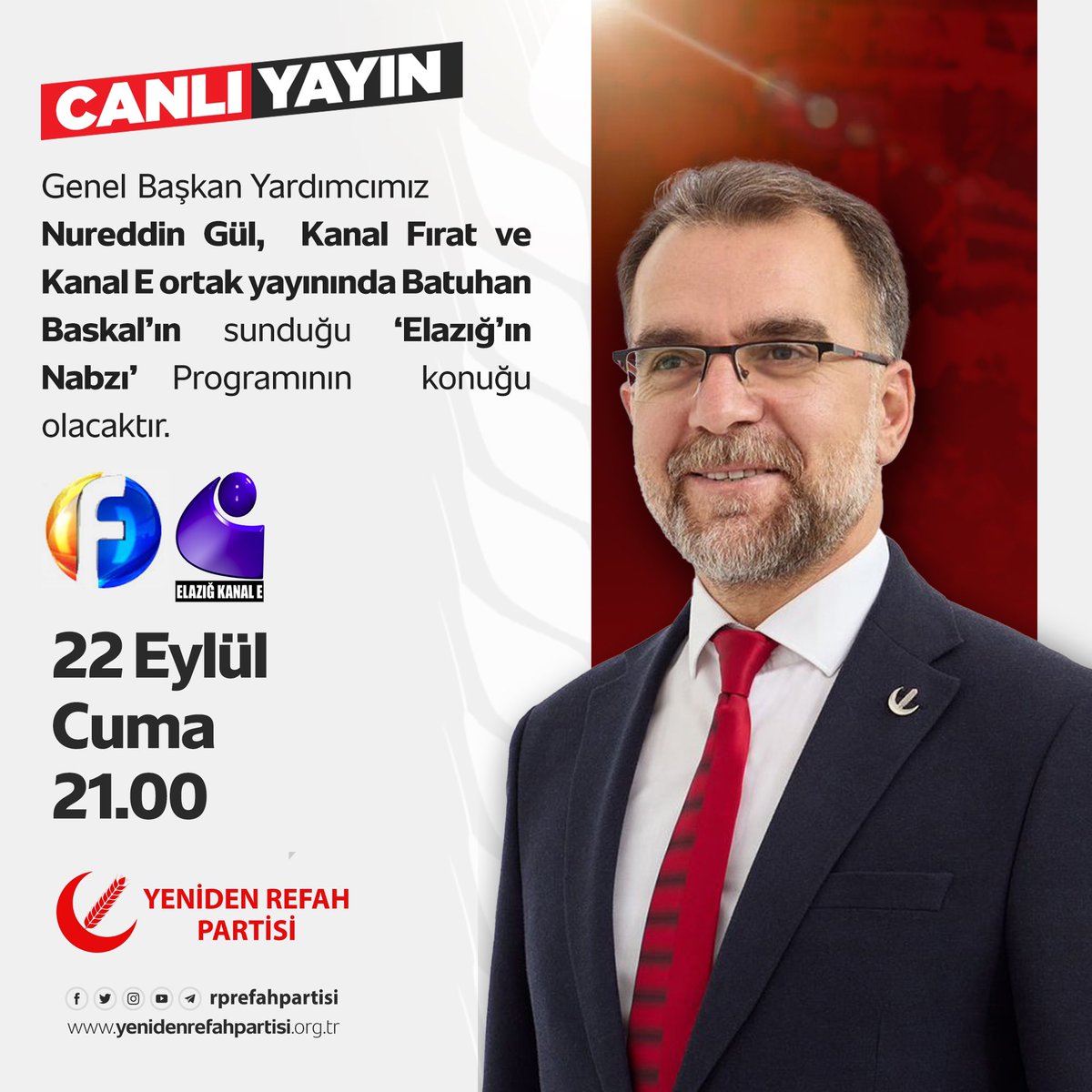 Kanal Fırat ve Kanal E ortak yayınında Batuhan Baskal'ın sunduğu ‘Elazığ'ın Nabzı’ programına konuk olacağız. 

🗓️ 22 Eylül Cuma (Bugün)
🕛 21.00
📡 Kanal Fırat - Kanal E