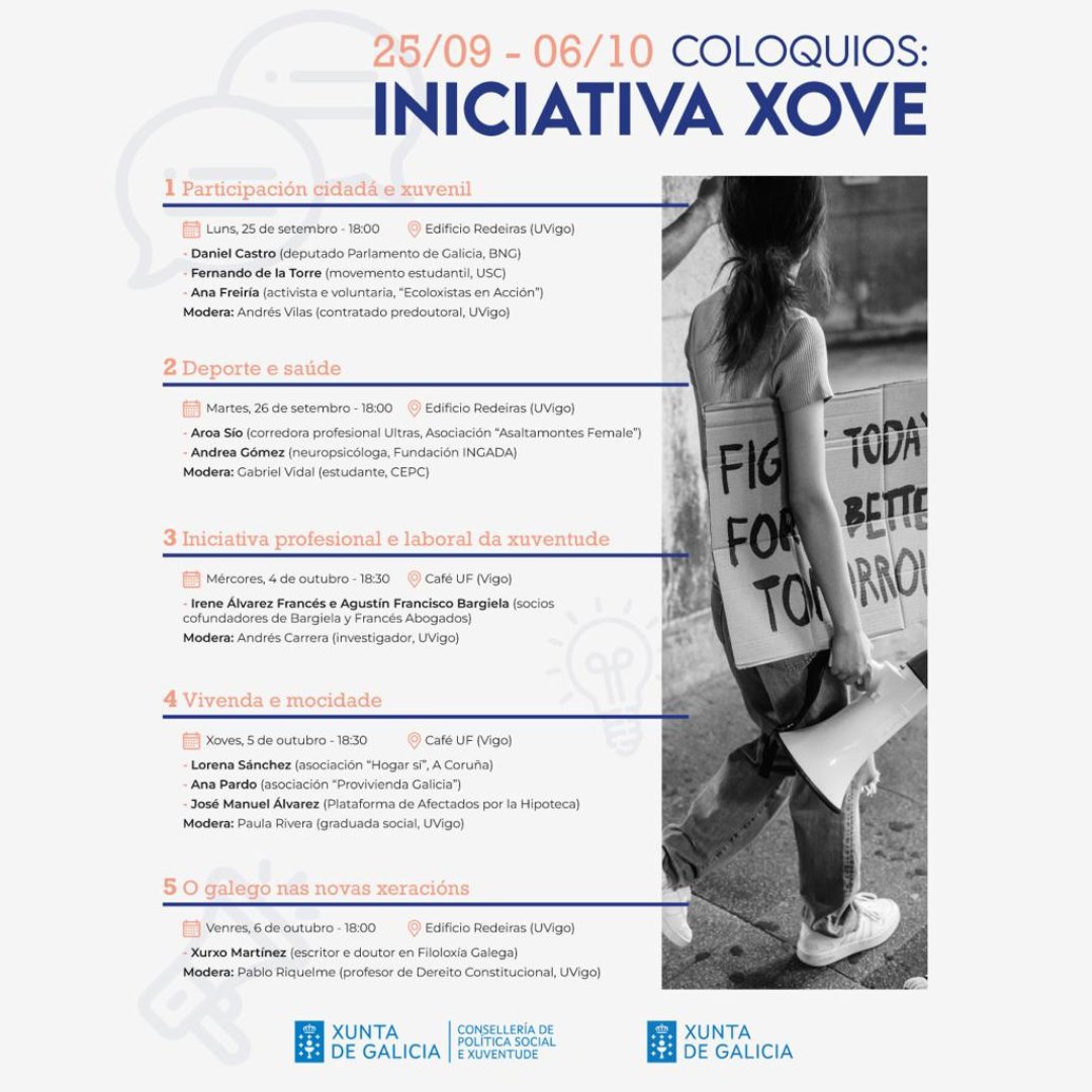 fccxxt's tweet image. O vindeiro luns (25 de setembro) terá lugar a charla “Participación cidadá e xuvenil”, dentro do marco dos Coloquios Iniciativa Xove da @Xunta de Galicia.
 
⏰18:00h
📍Edificio Redeiras
 
#coloquio #UVigo #galicia #jovenes #participaciónciudadana