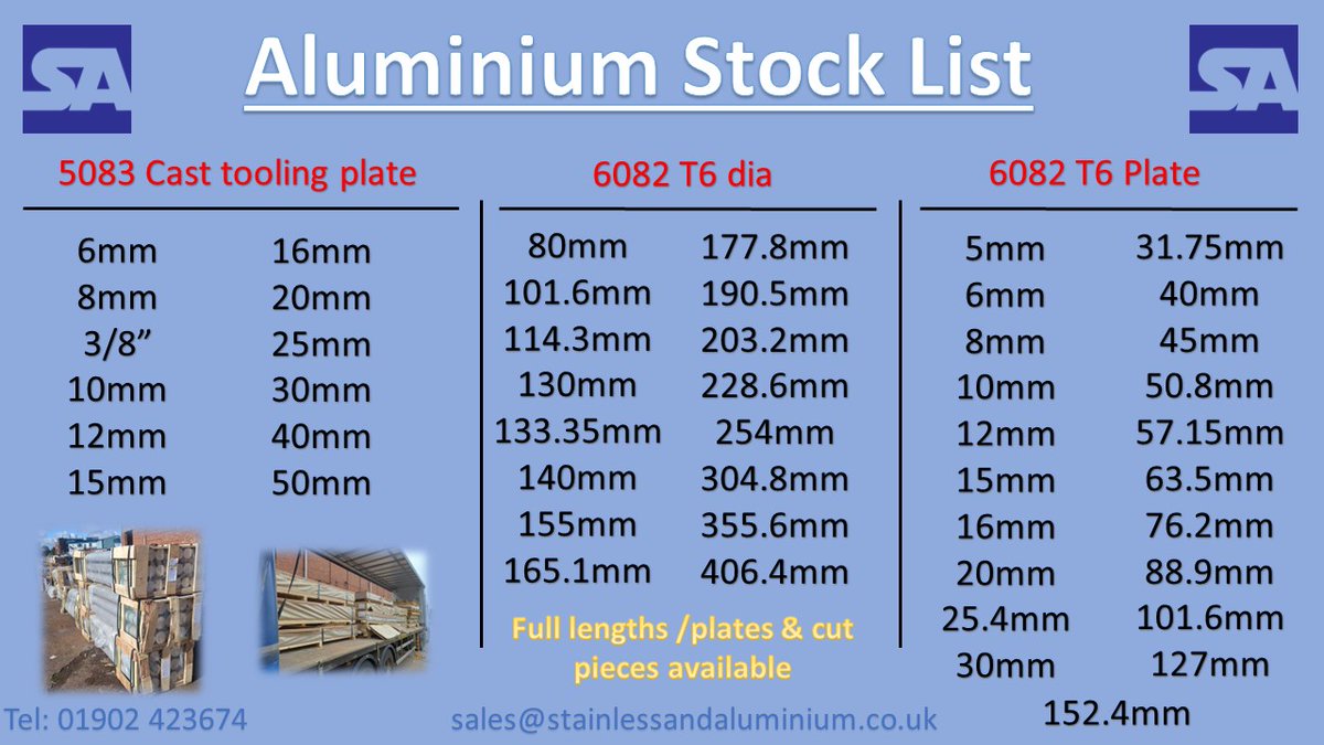 Stainless & Aluminium Services Ltd (@stainlessalumi1) on Twitter photo Check out our latest stock of #Aluminium plate and diameters
We offer full plates (2500mm x 1250mm or 3000mm x 1500mm)
Diameters - Full lengths (Between 2m & 4m)
We can also cut to what ever size you require - No minimum order
01902 423674 // sales@stainlessandaluminium.co.uk Check out our latest stock of #Aluminium plate and diameters
We offer full plates (2500mm x 1250mm or 3000mm x 1500mm)
Diameters - Full lengths (Between 2m & 4m)
We can also cut to what ever size you require - No minimum order
01902 423674 // sales@stainlessandaluminium.co.uk