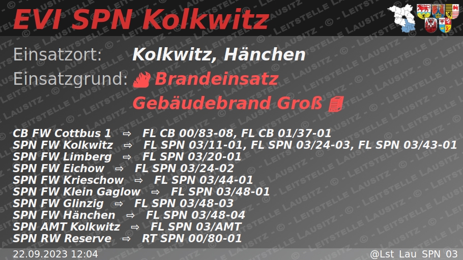 🚨 22.09.2023 12:04 🔥 🏢 B:Gebäude-Groß 🌐 Kolkwitz, Hänchen 🚒 ⇨ FW Cottbus 1, FW Kolkwitz, FW Limberg, FW Eichow, FW Krieschow, FW Klein Gaglow, FW Glinzig, FW Hänchen wachalarm.leitstelle-lausitz.de/dbrd/4eb088bb-…