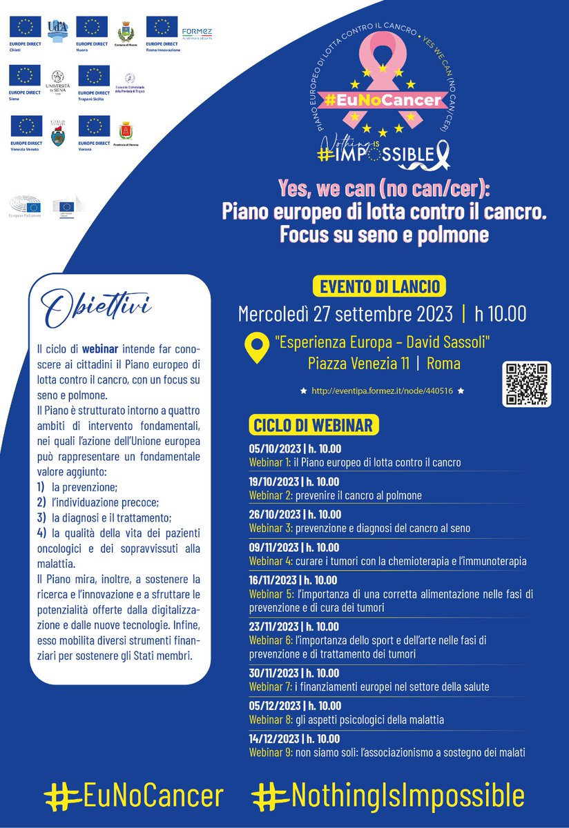 🧮Il 27/09 ⏰h. 10,00 presso lo Spazio Esperienza Europa - David Sassoli in piazza Venezia siete invitati a partecipare all'evento🔜 di lancio del ciclo di webinar “Yes, we can (no can/cer): Piano europeo di lotta contro il cancro. Focus su seno e polmone”
eventipa.formez.it/node/440516