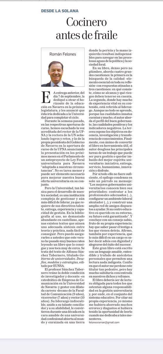 astabernero's tweet photo. Comparto la columna que publica Román Felones hoy en Diario de Navarra, en la que reseña mi libro “Gobierno de Universidades”. https://t.co/LDfEGqkagU