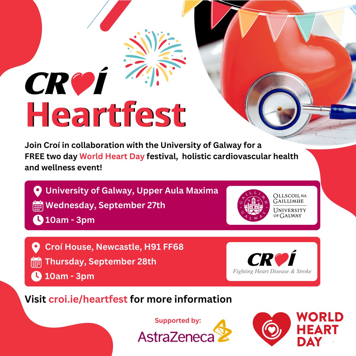 uniofgalway's tweet photo. ❤Join us at #HeartFest for heart health insights, latest research &amp; workshops.

📅 27th Sep: Upper Aula, Quadrangle, 10AM-3PM
📅 28th Sep: Croí House, Moyola Lane, 10AM-3PM

In collaboration with @CroiHeartStroke.

#UniversityOfGalway #GalwaysThePlace #CampusWellness https://t.co/dfJiuyKKLc