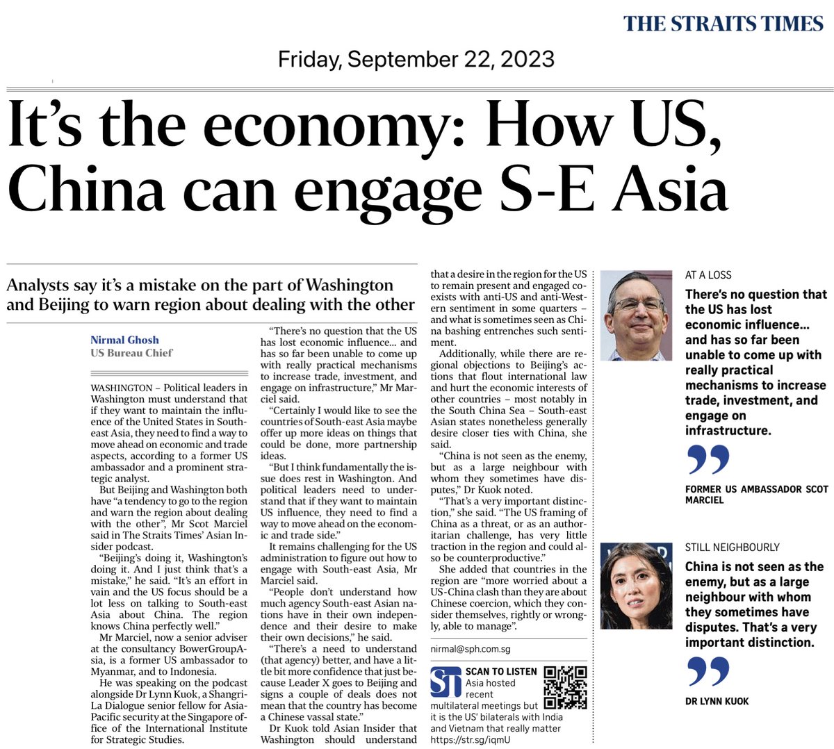 I spoke on the Asian Insider podcast, alongside fmr US amb @MarcielScot, on the #ASEAN & #G20 summits, #Myanmar, US economic strategy, & what the US should understd abt #SoutheastAsia. Read my take on the last question in @straits_times. For the full podcast, pls scan QR code👇