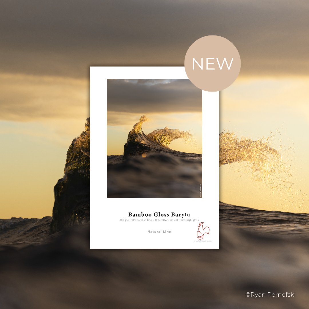 Meet the newest member of the Hahnemühle Natural Line!
Hahnemühle Bamboo Gloss Baryta sets a new standard as the world’s first FineArt inkjet paper crafted from 90% bamboo fibres with a premium high-gloss baryta inkjet coating.

305 gsm · 90% bamboo · 10% cotton · natural white