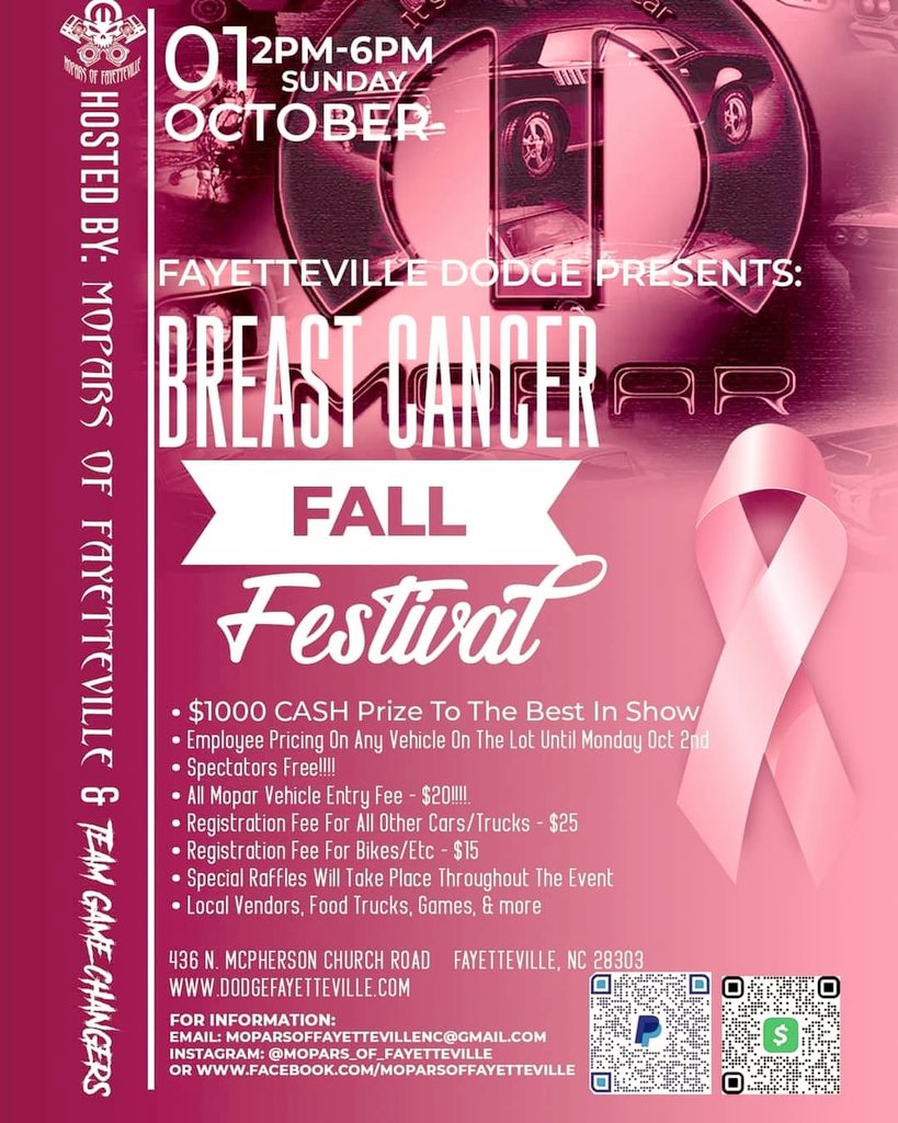 October is Breast Cancer Awareness month!!
#Dodge #MOF #Mopar #BuiltNotBought #ScatPack #Fiat #Tesla #OldSchool #Mustangs #Camaros #Slingshots #ElectricCars #Bikes #FYP #ExplorePage #charity #Trucks #Corvettes #Carshow #NCCarShow #AmericanMuscle #Foreign #JDM #AllCarsWelcome