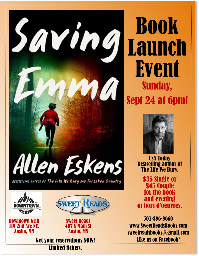 I'll be doing a ticketed event in Austin, MN on Sunday (9/24) to talk about Saving Emma and sign books. Would love to see you there if you're in the area.