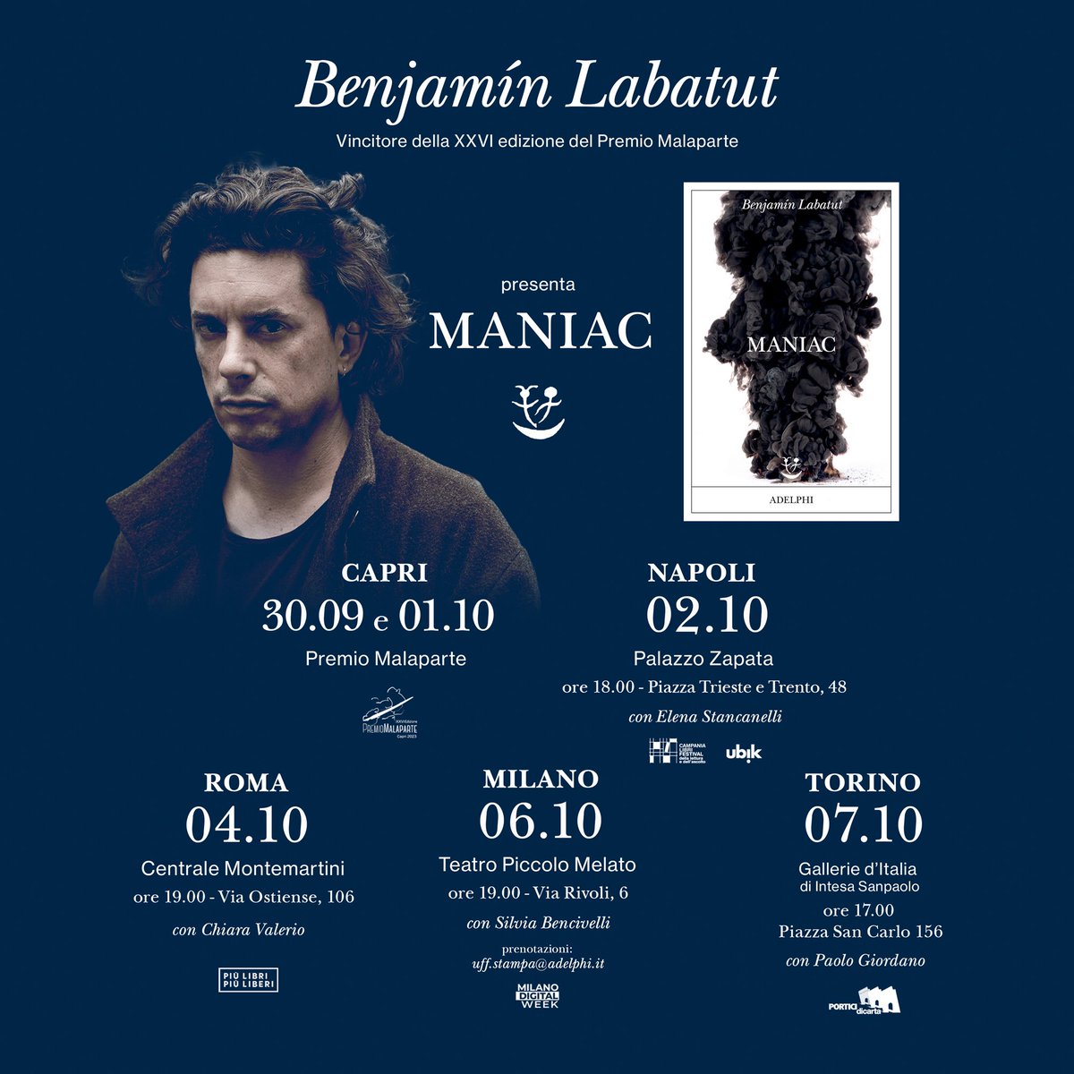 Benjamín Labatut - vincitore del Premio Malaparte - torna in Italia per presentare MANIAC, il suo nuovo romanzo. Qui trovate tutte le date del tour. 👇