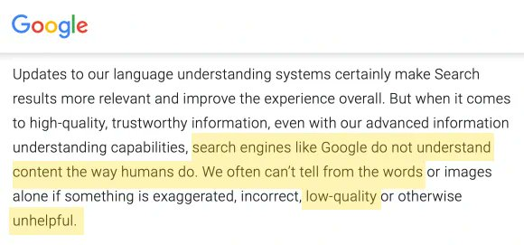 Do you know what Google uses to BETTER understand this? That's right boys &amp; girls - BACKLINKS. The same thing they use to gauge authority in E-E-A-T . But yeah - links aren't a top ranking factor, so believe Google and stop that nasty link building.