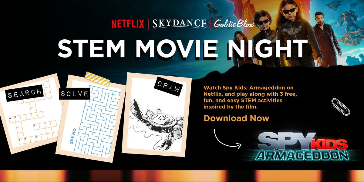 Thrilled to partner with @Netflix for STEM activities inspired by Spy Kids: Armageddon - out now, only on Netflix! Join us for a STEM movie night of family fun & learning. Download the activities @ GoldieBlox.com/SpyKids. Let's explore the future of STEM together! 🔍🕵️‍♀️#STEMMovie