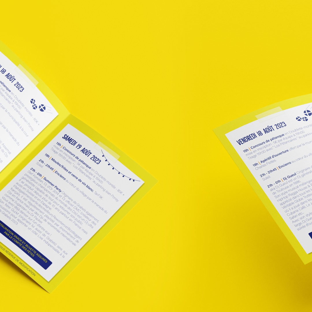 LeRemiDesign's tweet photo. Bonjour à tous,

Je vous partage aujourd'hui un projet client. 

Pour l'édition 2023 de la fête local de la Ville de Grabels, le Comité des fêtes de Grabels m'a encore fait confiance pour concevoir la mise en page du programme ainsi que l'affiche promotionnelle. 🎉 (1/2) https://t.co/zzNgBj7uvb