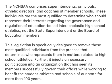 Just received this statement from the NC Athletic Directors Association Board of Directors in response to the new legislation passed by the House &amp; Senate.

highschoolot.com/story/house-pa…