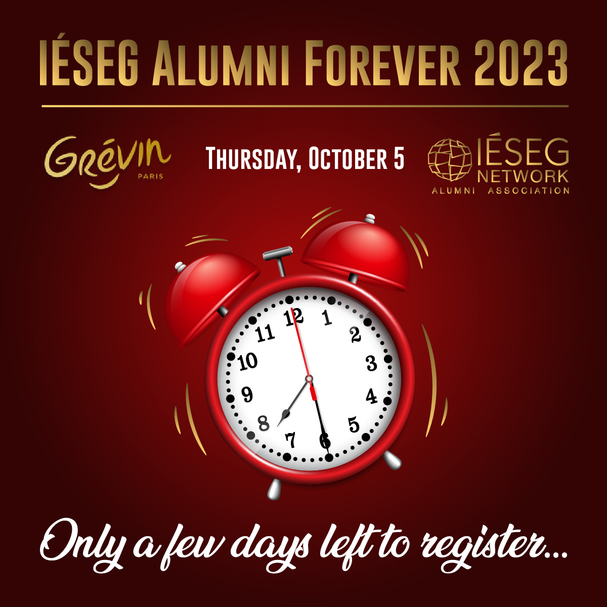 iesegnetwork's tweet image. ⌛️ Vite, l&apos;heure tourne ❗️
Il ne reste plus que quelques jours pour réserver vos billets pour la célèbre soirée #IESEGAlumniForever au Musée @Grevin_Paris, alors ne tardez pas 👉 ieseg-network.com/events/116828
#IESEG #Alumni #Networking #GetTogether #Party #Paris