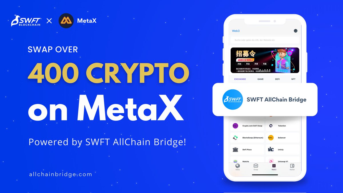 metax_one's tweet photo. 🚀 Exciting News! 🚀

MetaX has teamed up with @Swftcoin  to make #crypto transactions even more seamless! 🤝🌐

SWFT Blockchain (https://t.co/d15enmjGBh) was established in Silicon Valley in 2017. It is a cross-chain swap aggregator for DEX/CEX, both on-chain and off-chain. https://t.co/SgGIFqEvUn