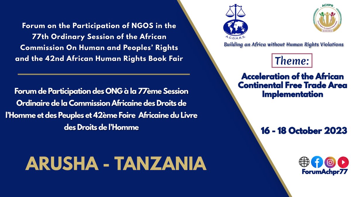 Due to multiple requests received, the ACDHRS has decided to extend the Participant Registration deadline, especially for #Tanzania NGOs.

The new deadline is 28 September 2023.

Visit acdhrs.org/ngo-forum/

<a href="/LawyersofAfrica/">PALU</a> <a href="/ealawsociety/">East Africa Law Society(EALS)</a> <a href="/CoalitionAfCHPR/">The Coalition for an Effective African Court</a>