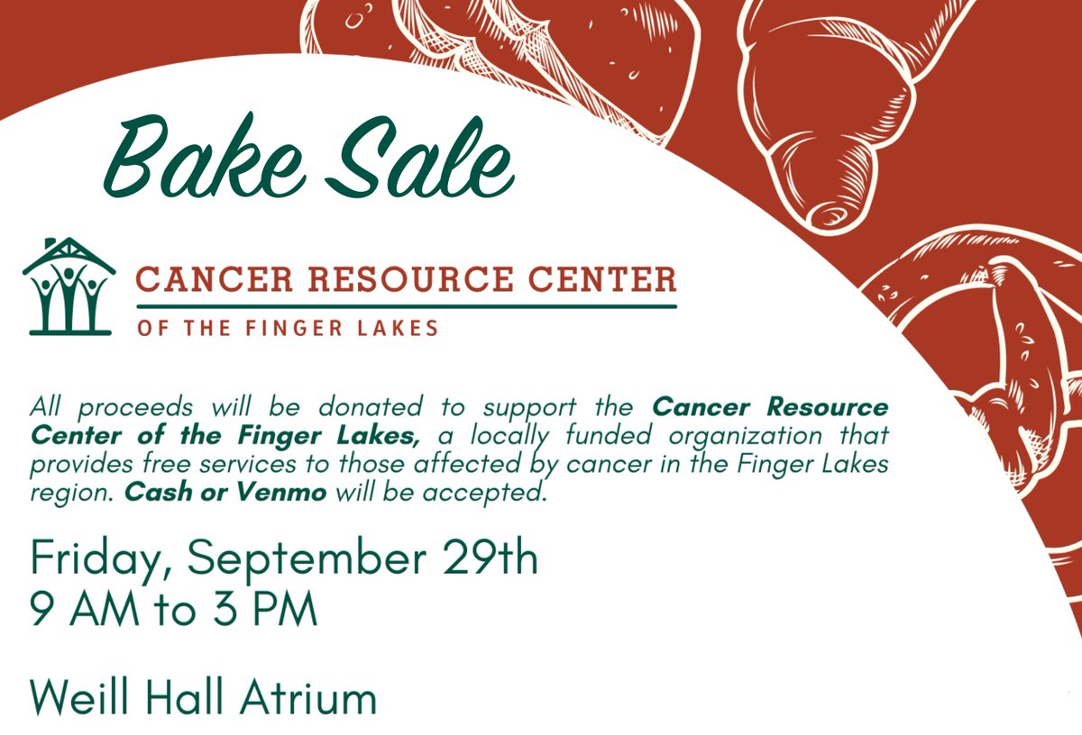 Cornell friends: We are having our annual @CornellBME  bake sale fundraiser for @CancerResource next Friday, September 29th from 9:00am – 3:00pm in the Weill Hall atrium. Cash and Venmo will be accepted. If you'd rather donate baked goods than purchase please DM me for details!