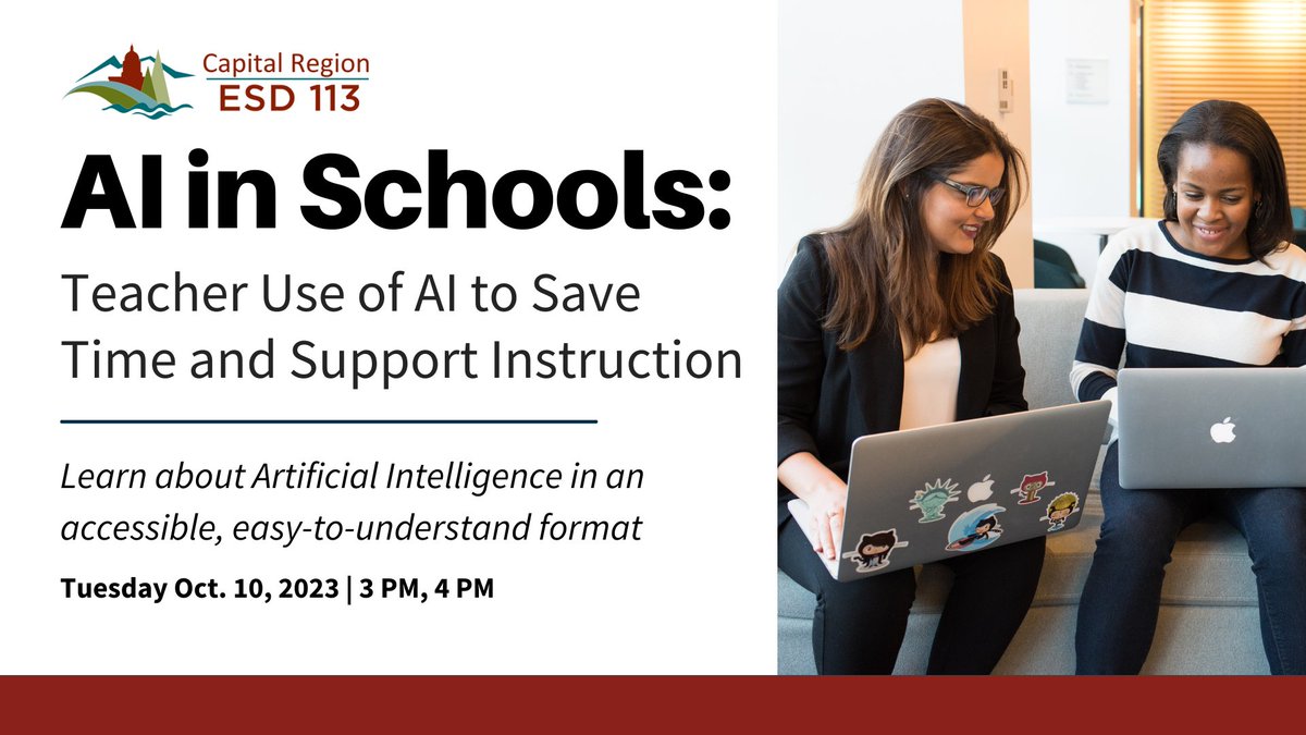Interested in using AI in your classroom? Sign up for AI in Schools: Artificial Intelligence for Teachers — use AI to save time and support instruction! bit.ly/3sTuafw #WeAreESD113
