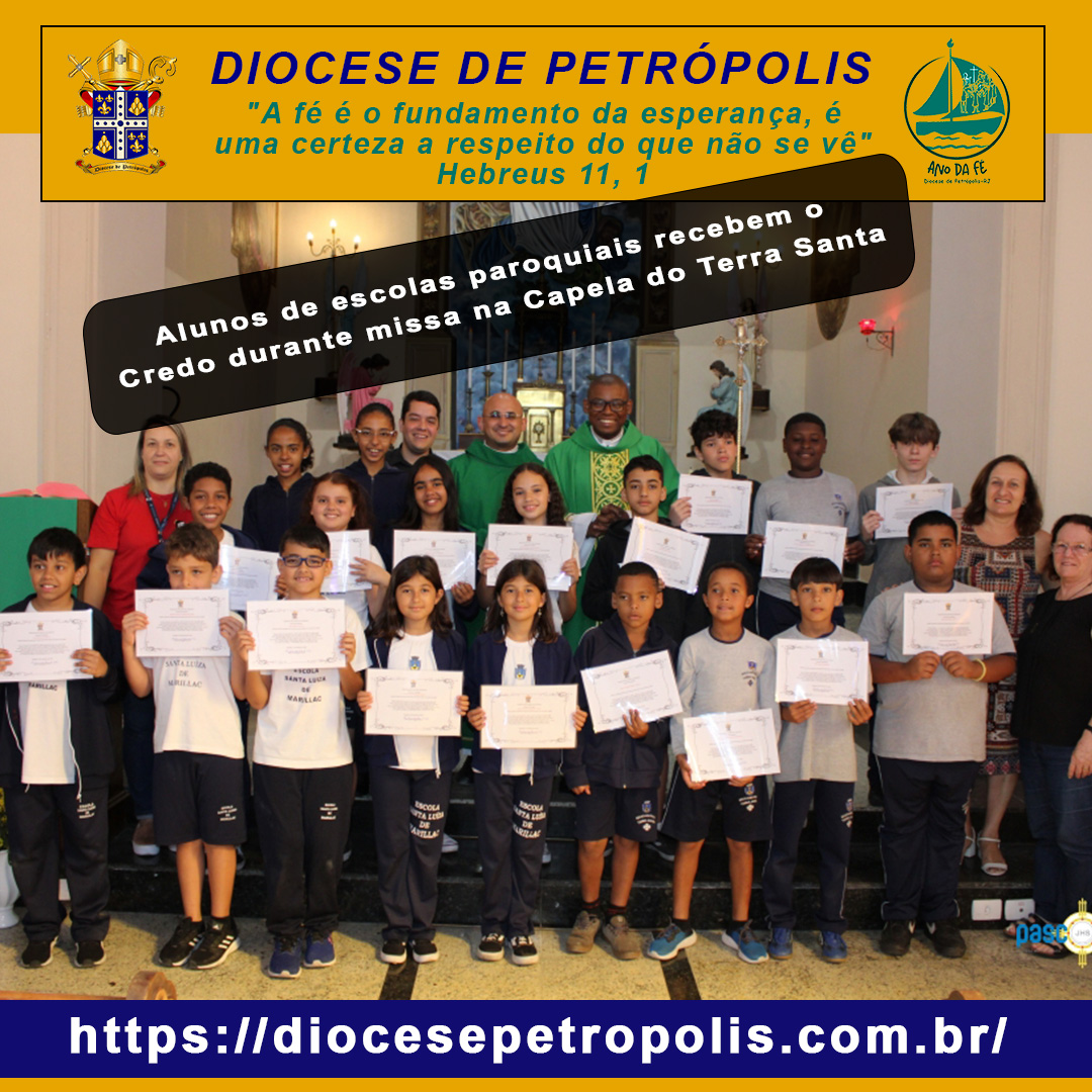 A Pastoral da Educação celebrou a entrega do Credo aos alunos das escolas Santa Luiza Marilac e Educandário Terra Santa, que estão em preparação para receber a Sagrada Comunhão. 
Mais detalhes em Notícias - diocesepetropolis.com.br
