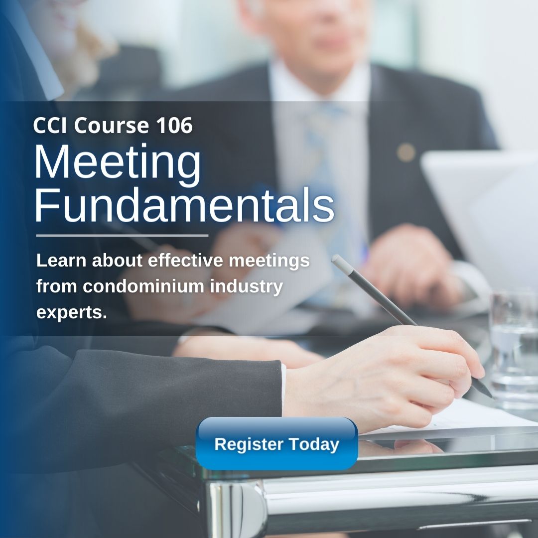Join us on November 8th, for Course 106: Meeting Fundamentals!

This course will look at the steps to call and hold a meeting of owners and suggest some best practices to make meetings interesting, informative, and effective.

Click the link to sign up!

cci-easternontario.ca/news-events/up…