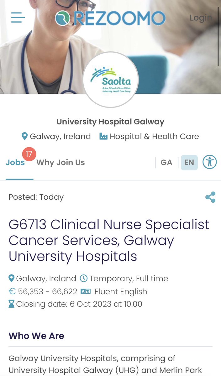 Come and join our high quality and very exciting team in our ongoing crusade against cancer in the West of Ireland! Bring your umbrella! Closing 6th October… @CancerUniGalway @hseNCCP @cancercarewest @OECI_EEIG @IrishCancerSoc @BCResearchIre @saoltagroup