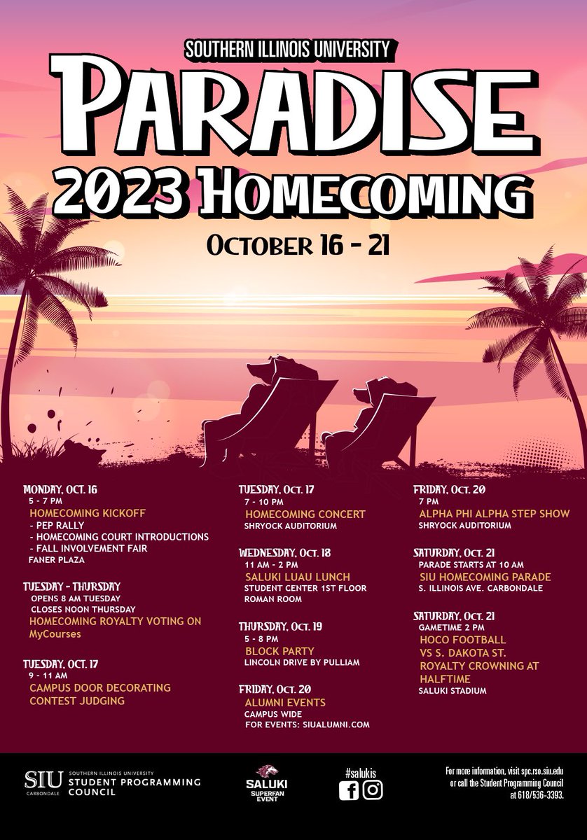 SPC is proud to unveil the 2023 SIU “Salukis in Paradise” Homecoming Week events! 🏖️🏝️

👉Check back for other events you can get involved with! 
👉Also, be on the lookout for Homecoming Court announcements next week!

#siuhomecoming #siuspc #salukisinparadise #itswabbitseason