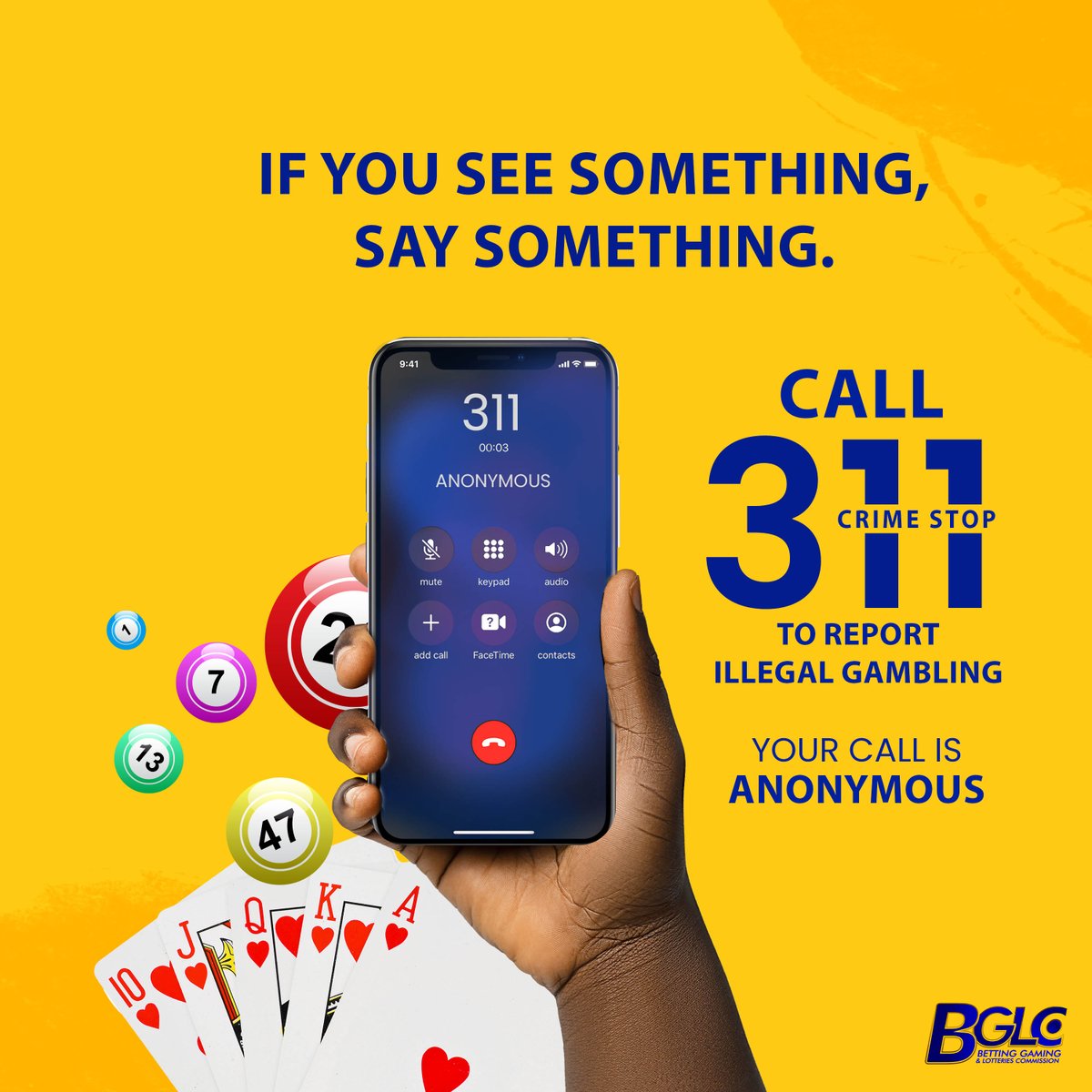 BGLCJAMAICA's tweet photo. If you see something, say something. Call Crime Stop at 311 to report illegal gambling activity. Your call will remain anonymous. 

#responsiblegaming #gambling #gameresponsibly https://t.co/Fq42v1Hp6M